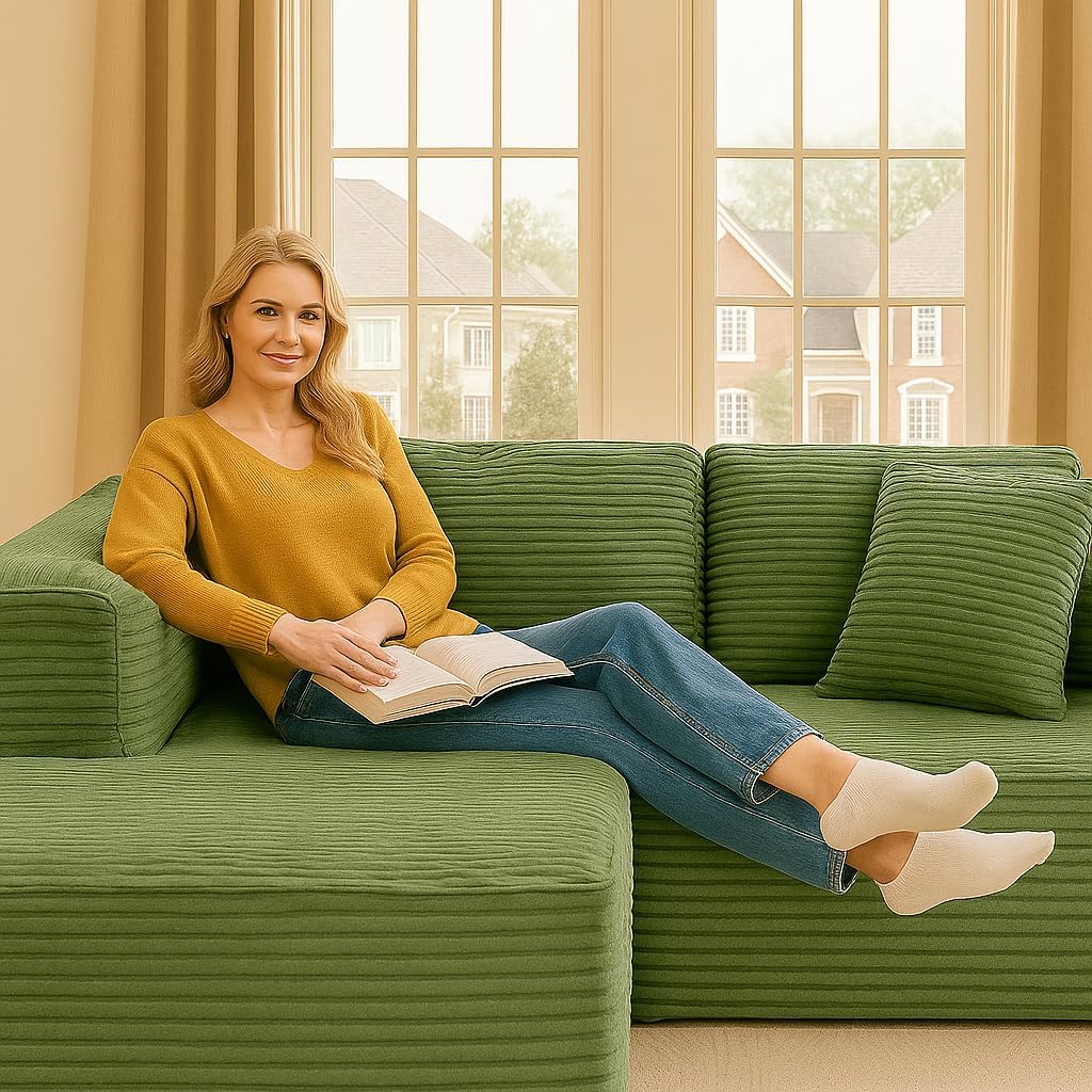COMHOMA 105”Modular Sectional Sofa with Deep Seat,Cloud Upholstered L-Shape Couch Wide Arms Corduroy Fabric High-Density Foam Chaise Lounge for Living Room No Assembly Required