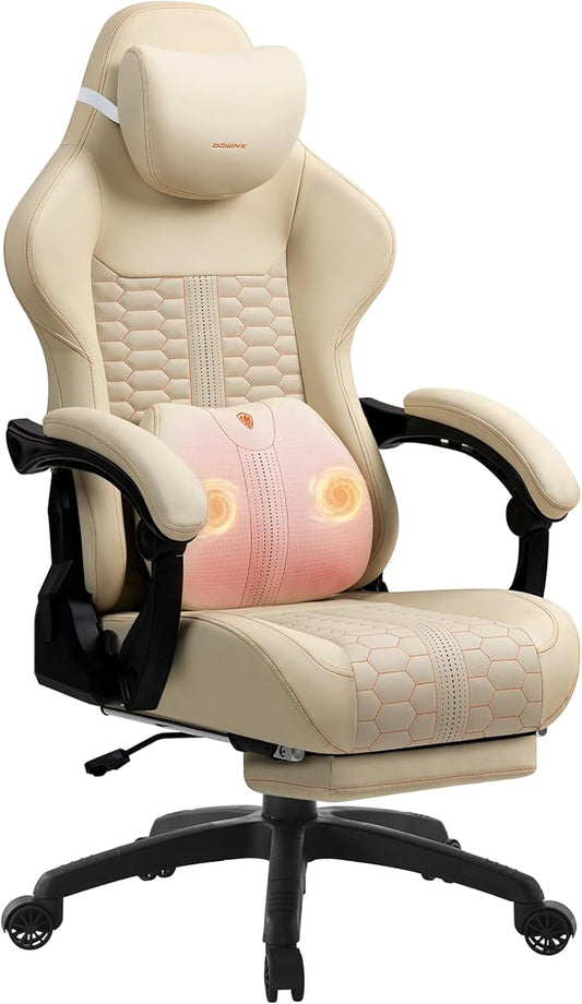 Dowinx Gaming Chair for Adults with Dual-Point Massage, Ergonomic Racing Style Game Chair Footrest, High Back Computer Chair 360° Swivel for Office,400LBS, Whtie