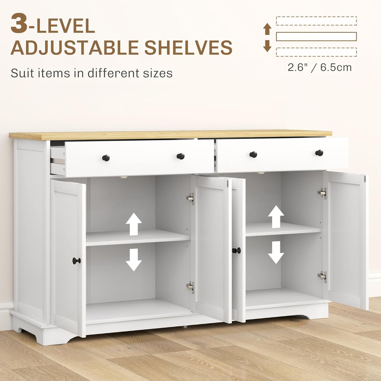 HOMCOM Sideboard Buffet Cabinet with Storage, 55" Modern Kitchen Cabinet with 4 Doors, 2 Drawers and 2 Adjustable Shelves, Coffee Bar, White