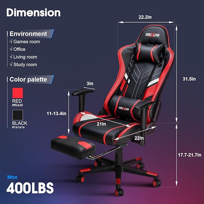 Douxlife 7-Point Massage Gaming Chair, 175° Gaming Recliner with Footrest Ergonomic Computer Office Chair High Back Video Game Chair with Lumbar Support, Upgraded Version, Red
