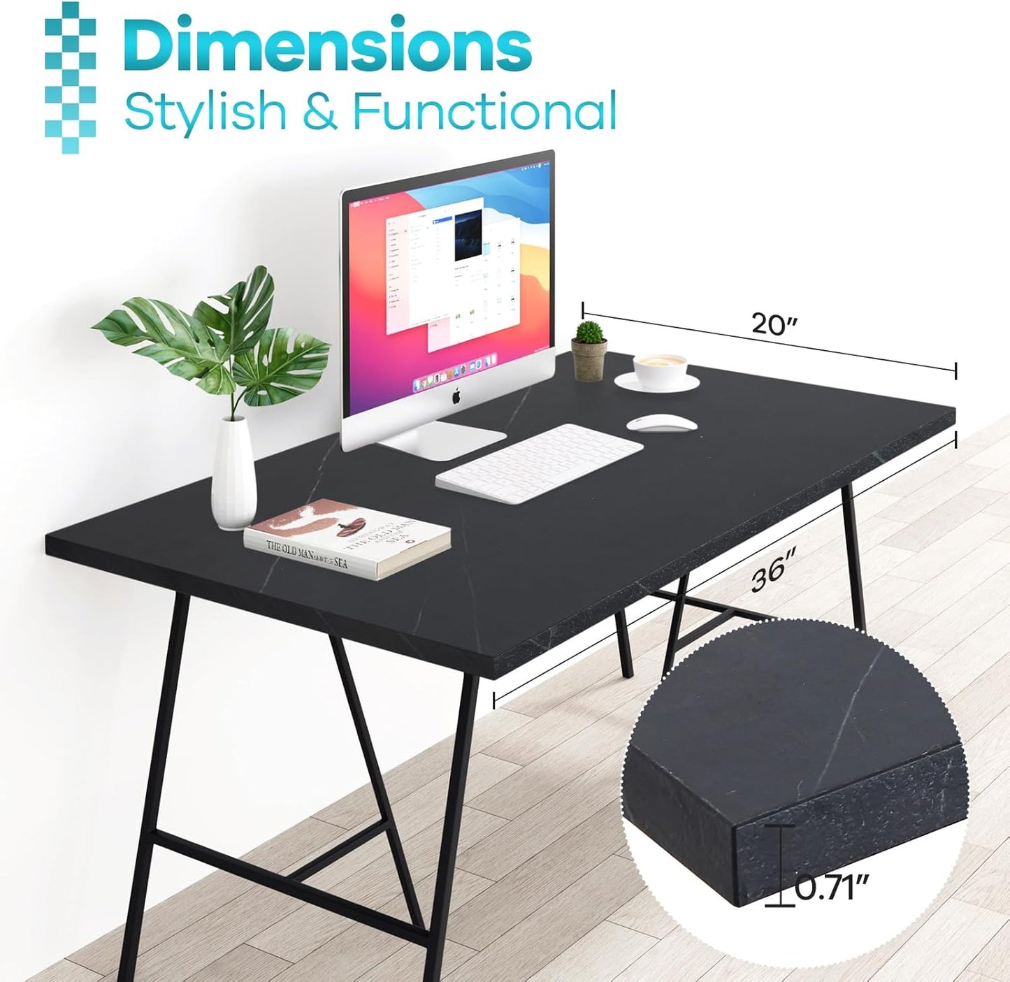 Kaboon Universal Tabletop 36 x20, Solid One-Piece Melamine Table Top, Double L-Desk Floating Desk DIY, Home and Office,Cloud Atlas/Black Marble