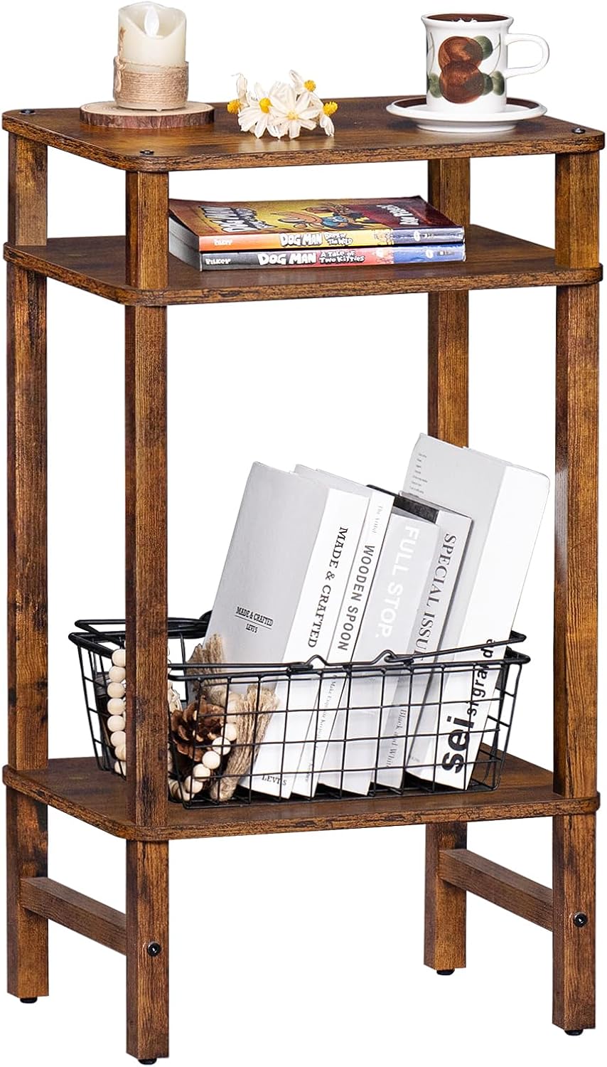 28in Tall Side Table 3-Tier Small Narrow End Table for Couch, Skinny Nightstand for Small Space, Farmhouse Slim Night Stand with Storage, Wooden Frame Thin Bedside Table, for Living Room, Brown