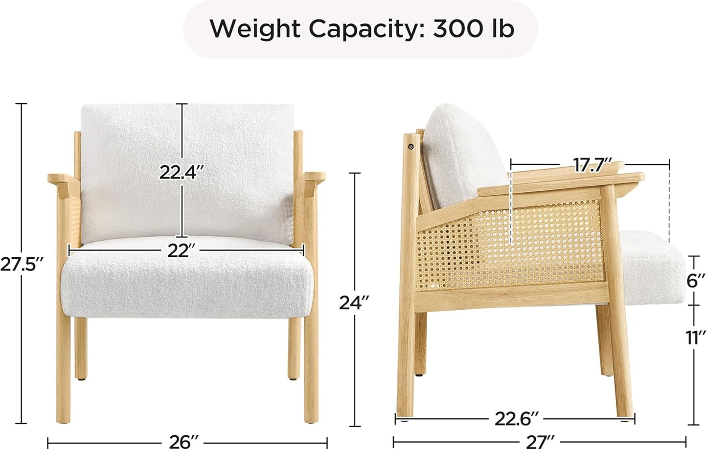 Yaheetech Accent Boucle Vanity Chair with Rattan Back Arms, Mid Century Upholstered Living Room Lounge Chair Bedroom Balcony White 2 PCS