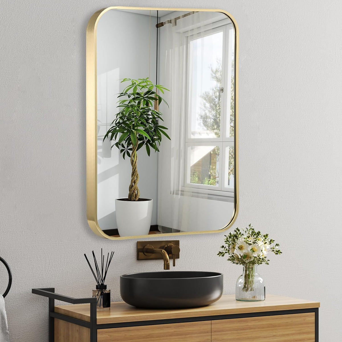 30x36 Inch Gold Bathroom Mirror, Brushed Gold Metal Framed Rectangular Mirror with Rounded Corner, Bathroom Vanity Mirror for Bedroom or Living Room, Horizontal/Vertical