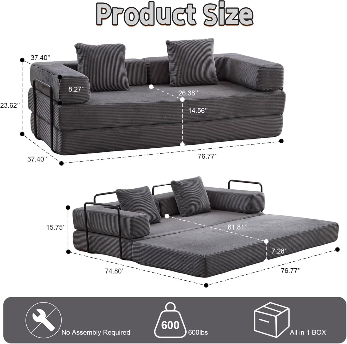 Convertible Sofa Bed, Compression Futon Sofa with Pillows & Armrest, Foldable Mattress Couch with Fixed-Shape Frame, Comfy Couch Lounge Sleeper Bed for Living Room Bedroom, Dark Gray
