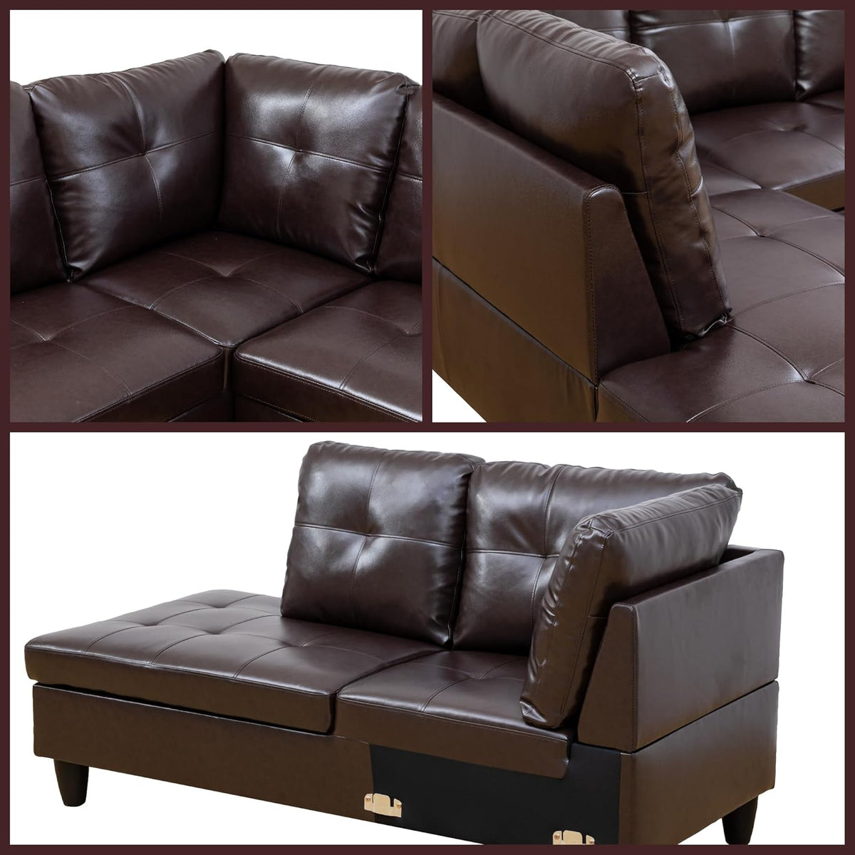 L Shaped Couch Sectional Couches with Chaise, 3 Pieces Modular Convertible Sofa for Living Room Furniture Sets and Small Apartment Faux Leathert, Brown