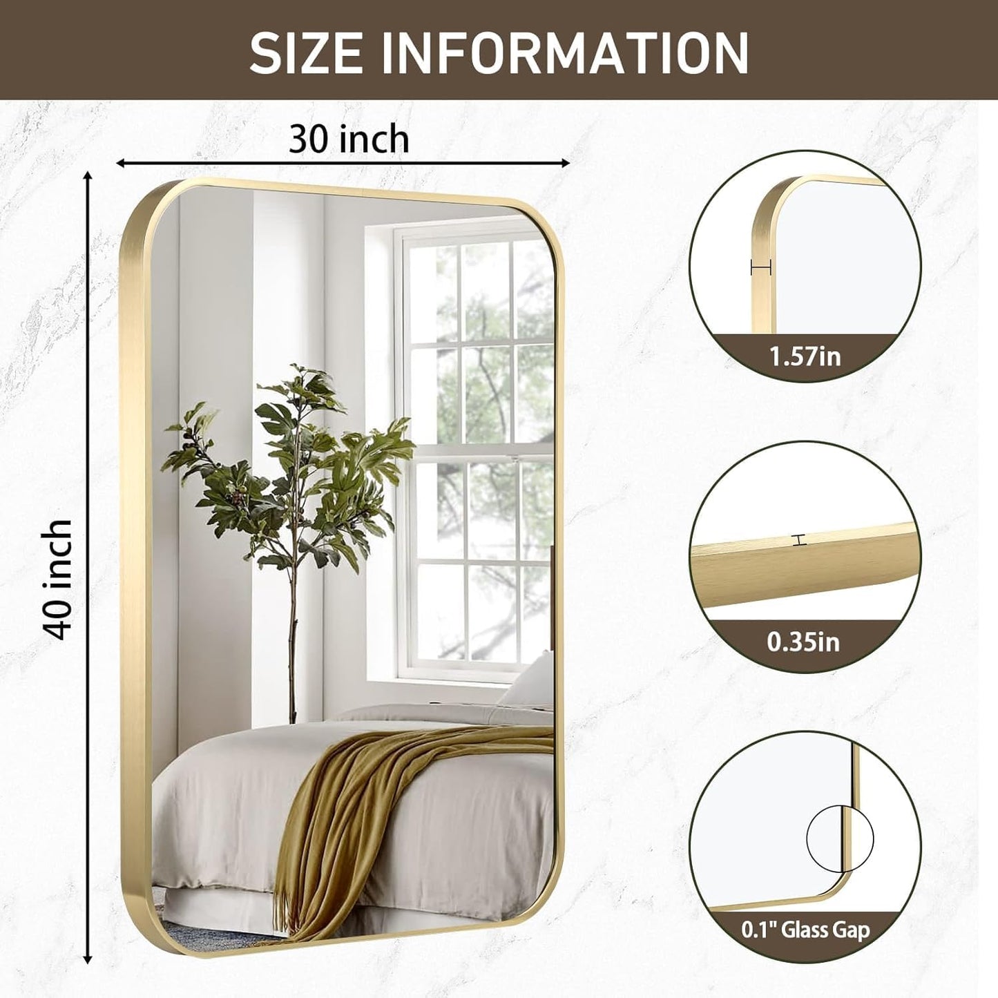 Gold Bathroom Mirror, 48x30 Inch Brushed Gold Mirror, Aluminum Alloy Framed Rectangle Bathroom Mirror for Over Sink, Anti-Rust Wall Mirror (Horizontally or Vertically)