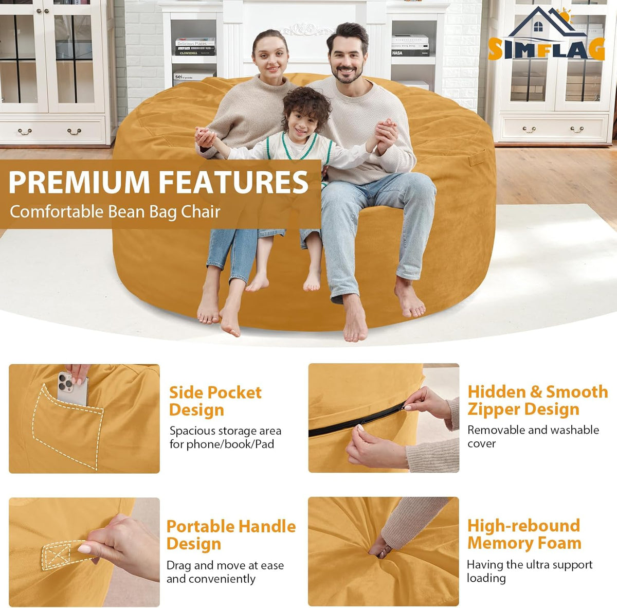 5FT Bean Bag Chair, Large Bean Bag Chairs with Memory Foam Filled, Fluffy Beanbag Sofa with Dutch Velvet Cover, Round BeanBag Chairs for Living Room, Playroom - Mustard