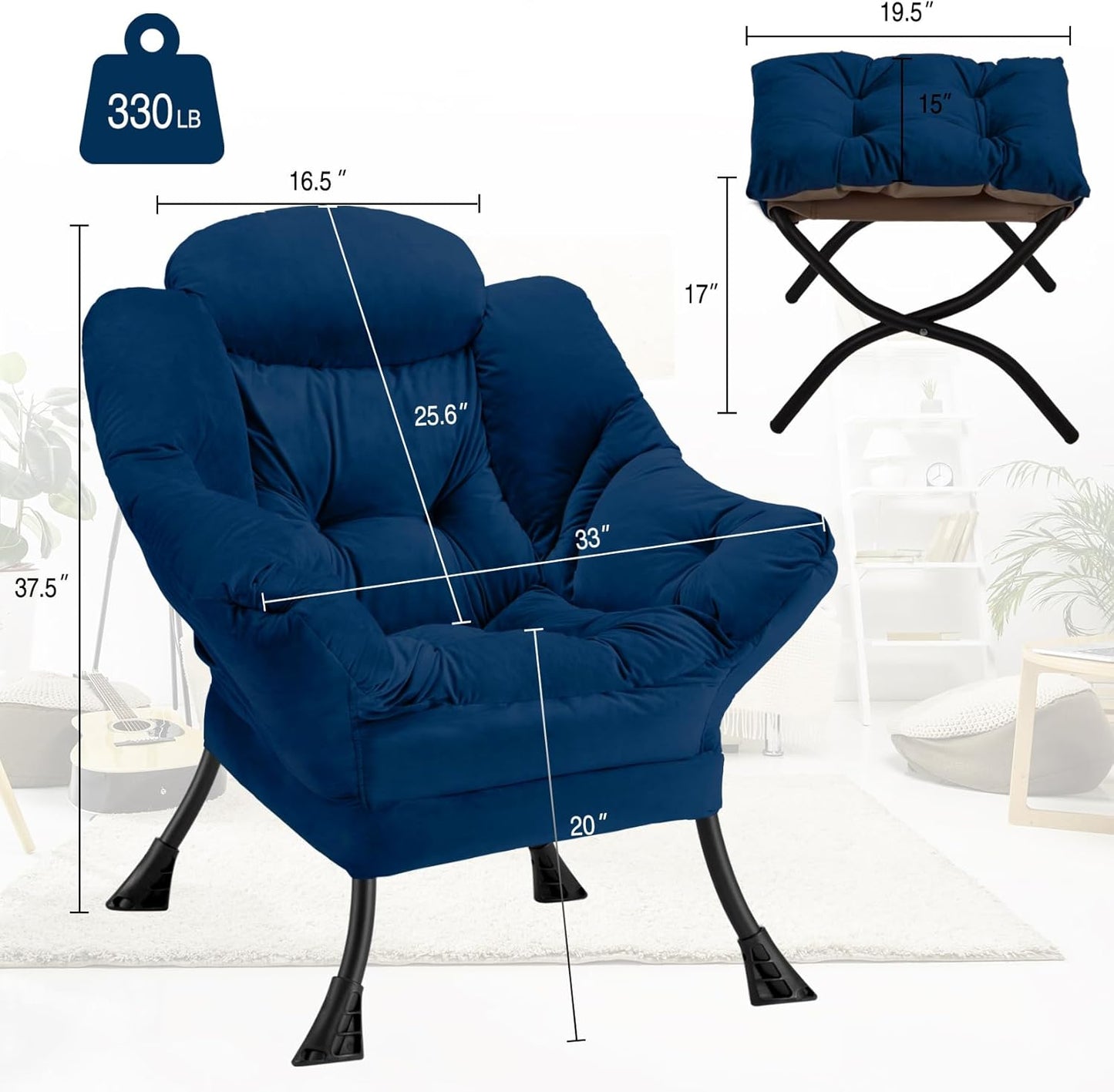 Lazy Chair with Folding Ottoman Modern Large Accent Chair,Contemporary Lounge Leisure Sofa Chair with Armrests Upholstered Sofa Armchair Reading Chair for Bedroom,Dorm & Office(Navy-f)