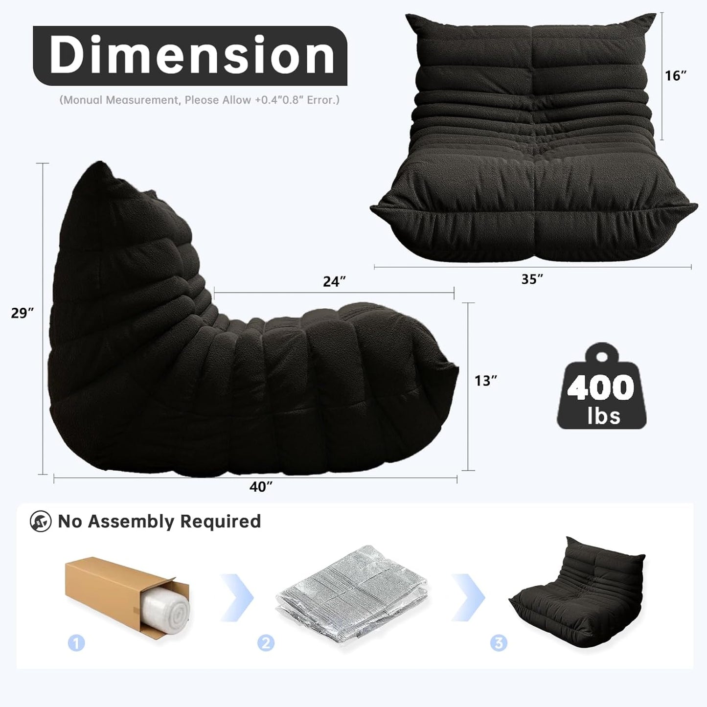 Bean Bag Chairs for Adults, BeanBag Reading Chair Memory Foam Couch, Floor Chair Soft Teddy Material, Comfy Reading Nook Chairs for Bedroom Living Room Office (Black)