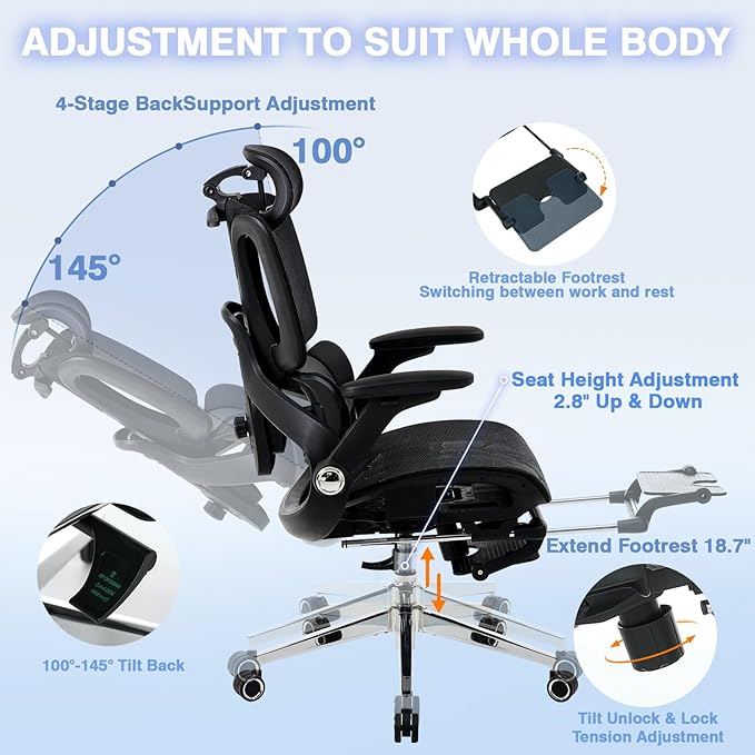 Ergonomic Office Chair with Footrest, High Back Desk Chair Computer Gaming Chairs with 4D Armrests, Adjustable 3-Zone Dynamic Lumbar Support, Ergonomic Mesh Chairs with Wheels, Black