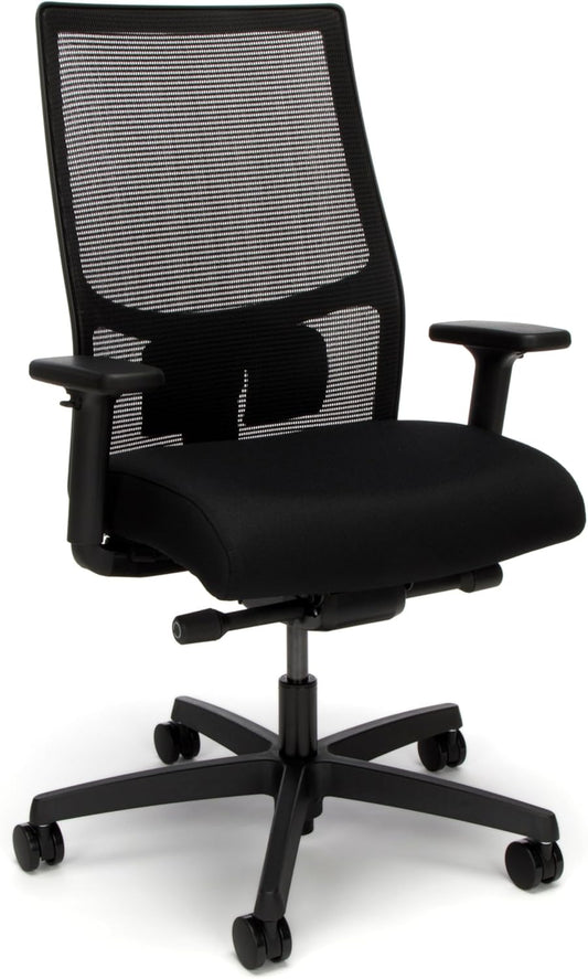 HON Ignition 2.0 Mid Back Task Chair, Advanced Synchro-Tilt Control, Office Chair with Lumbar Support, Height and Width Adjustable Arms, Black Frame, Black