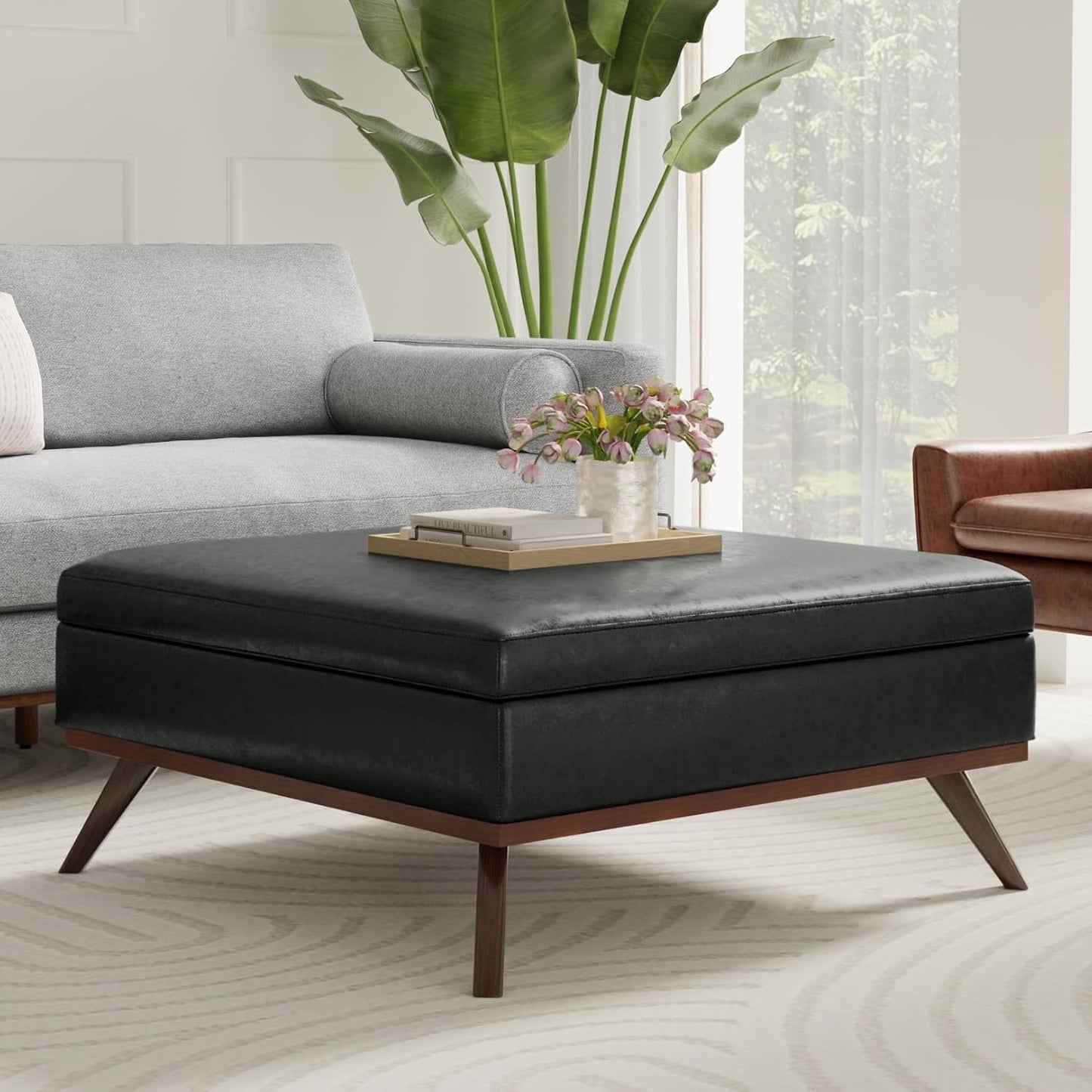 SIMPLIHOME Owen 40 inch Wide Mid Century Modern Square XL Coffee Table Storage Ottoman in Distressed Black Vegan Faux Leather, Assembled, for The Living Room, Entryway and Family Room