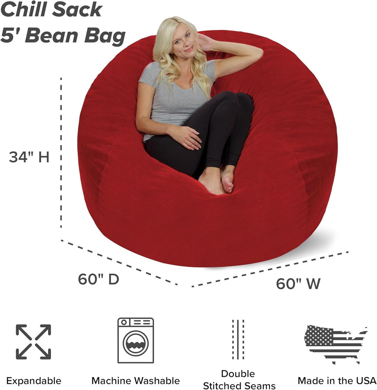 Chill Sack Bean Bag Chair - 5' Giant Memory Foam Lounge Chair with Soft Microfiber Cover – Cozy Furniture for Living Room, Dorm, & Kids' Rooms – Comfortable 5 Ft, Pebble Lounge Sofa, Red