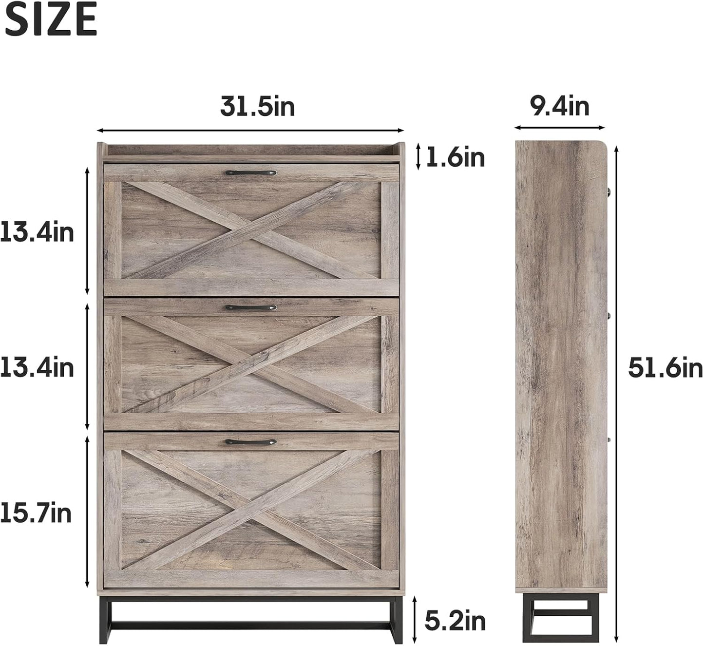 Maupvit Shoe Storage Cabinet with 3 Flip Drawers, Freestanding Organizer with Metal Legs for Entryway, Narrow Shoe Rack Cabinet, Washed Gray