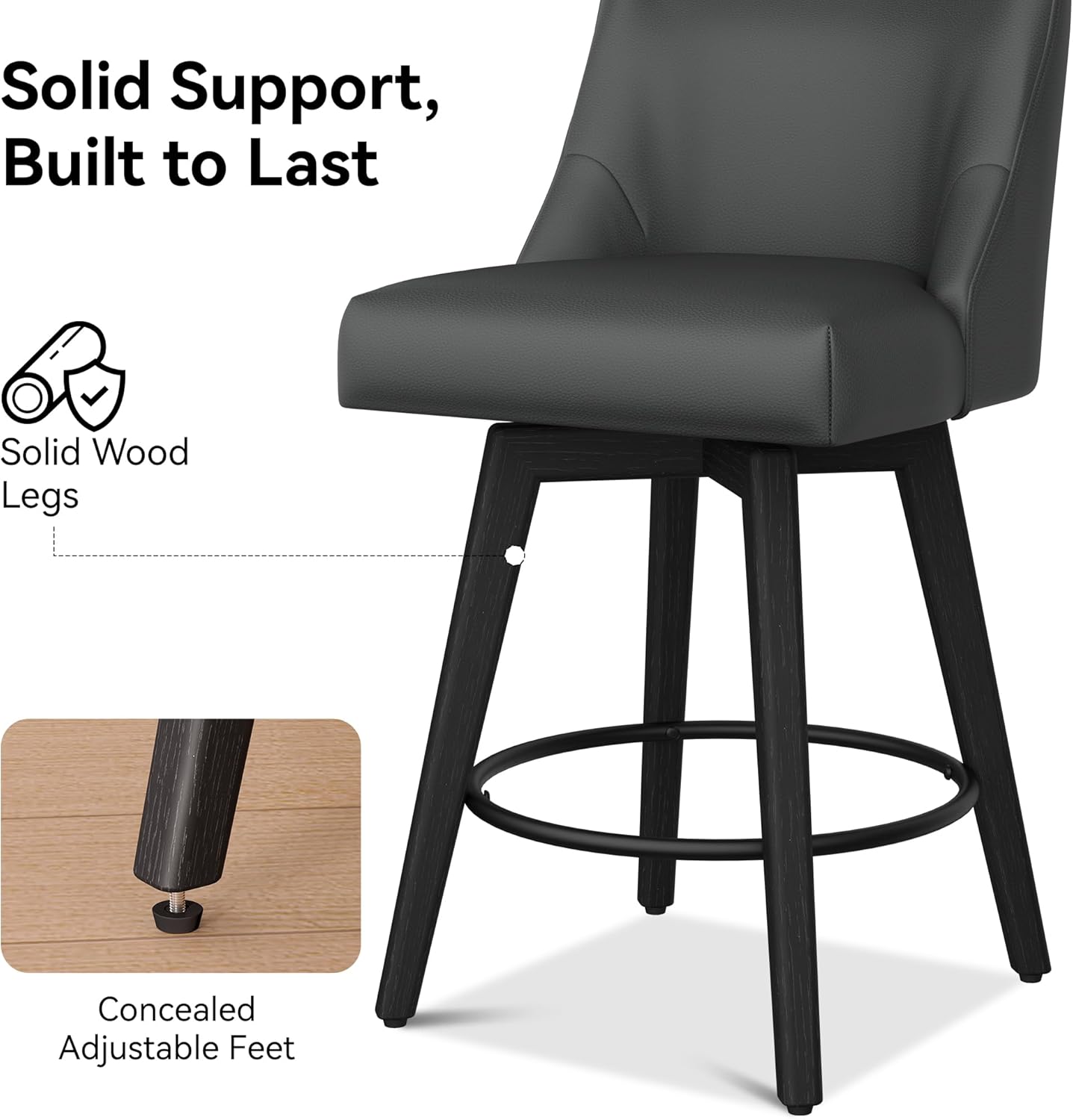 Counter Height Bar Stools Set of 6, Modern Swivel Barstools with Back and Wood Legs, Faux Leather Upholstered Bar Chairs, 26" H Kitchen Counter Stools, Kitchen Island Home Bar, Black Grey