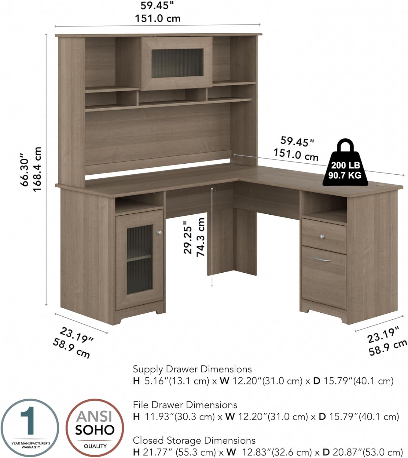 Bush Furniture Cabot L Shaped Desk with Hutch | Corner Desk with Storage for Home Office in Ash Gray | 60W L Shaped Computer Desk