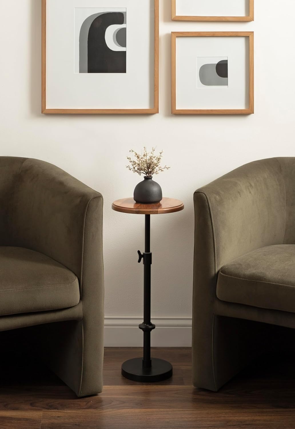 Kate and Laurel Engles Modern Adjustable-Height Pedestal Drink Table; 10 x 10 x 30; Natural Wood and Black; Transitional Round Indoor Metal Plant Stand with Solid Wood Tabletop