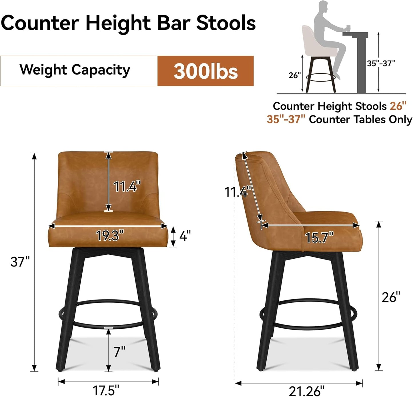 Counter Height Bar Stools Set of 2, Modern Swivel Barstools with Back and Wood Legs, Faux Leather Upholstered Counter Height Stools, 26" H Kitchen Island Stools, Home Bar, Whisky Brown