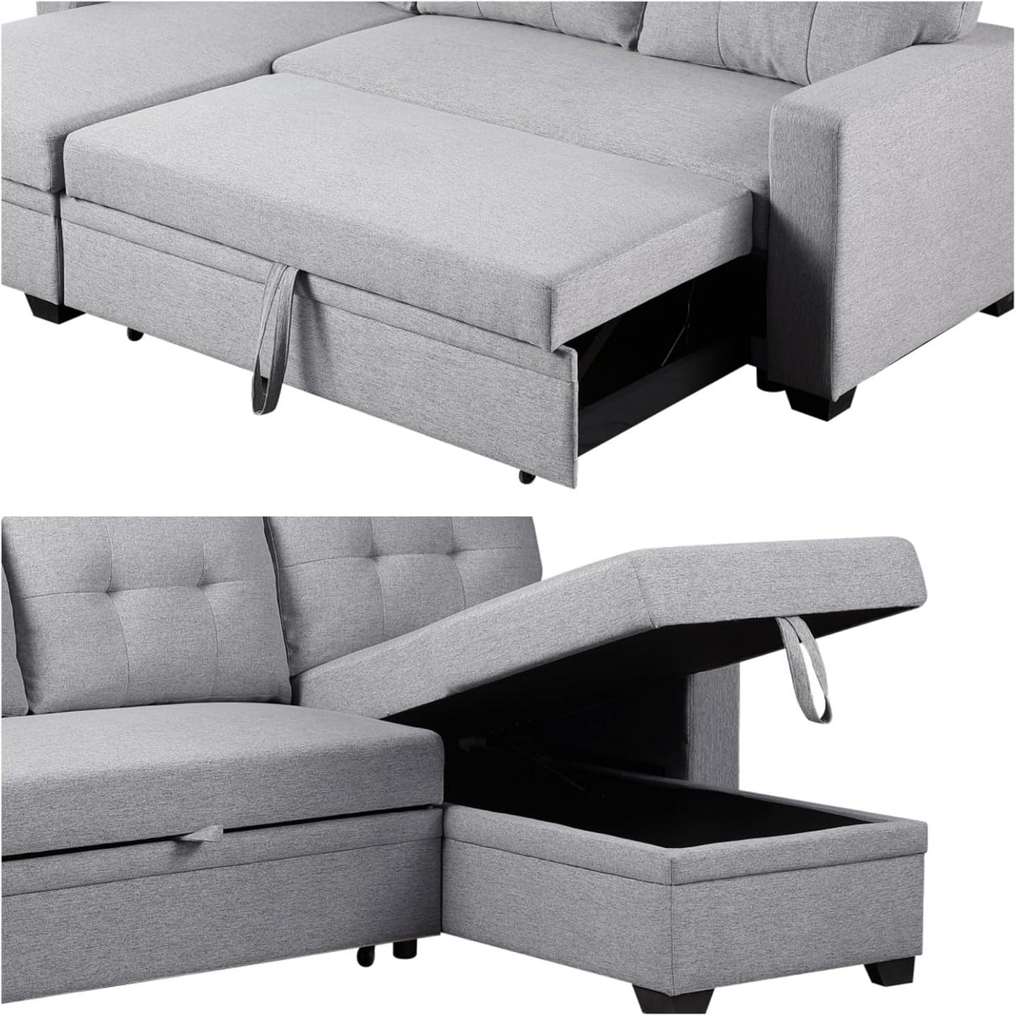 L-Shape Sofa Bed, 82" Sectional Couch with Storage Chaise, Pull Out Sleeper Sofa with Removable Back Cushions, Convertible Corner Couch for Living Room Apartment, Gray