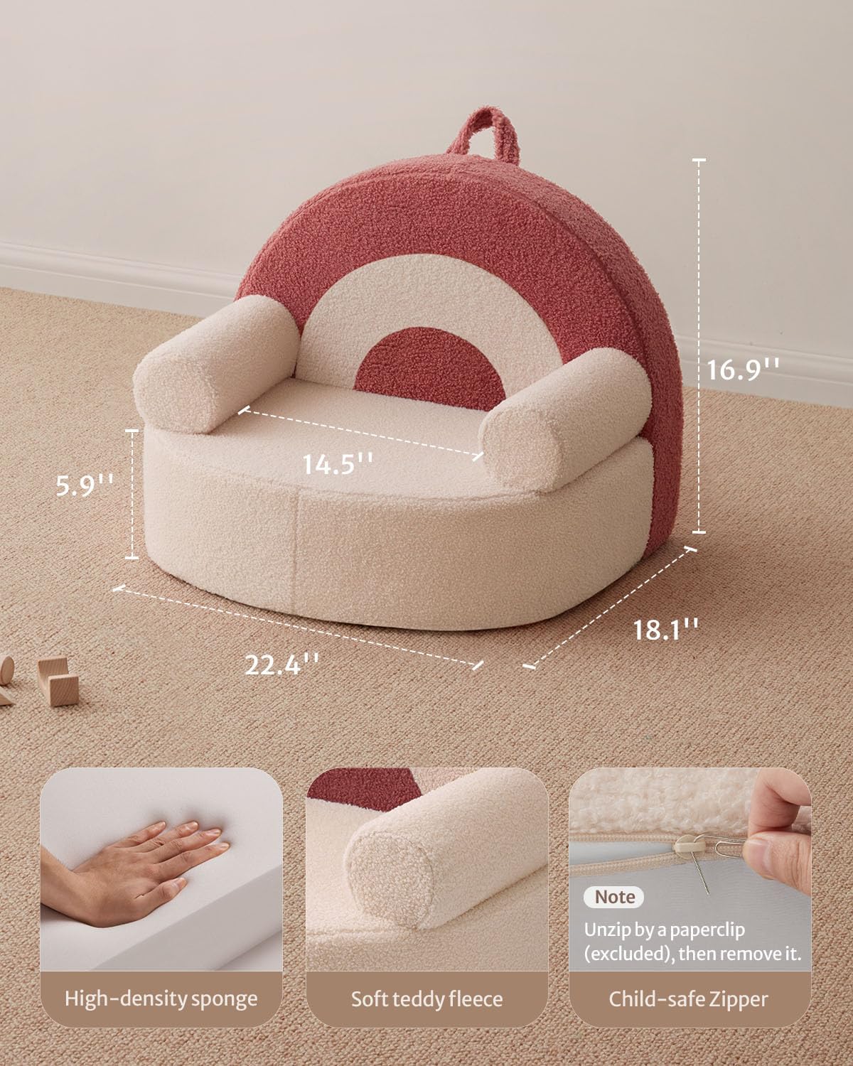 Blissful Diary Toddler Chair Comfy, Foam Kids Chair with Soft Teddy Plush, Toddler Reading Armchair with Cute Arclet Designs- Light Cream