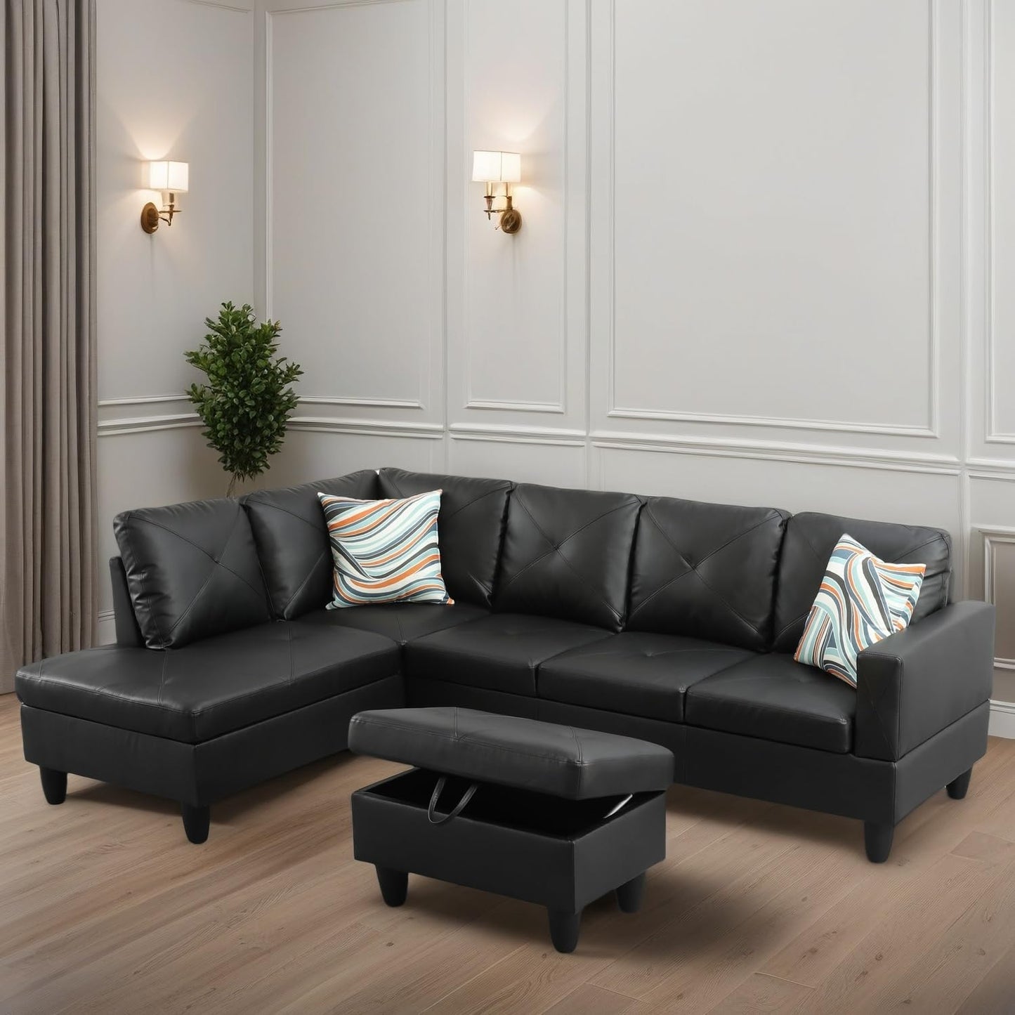 L Shaped Sectional Couches for Living Room, Modular 4 Seat Sofa with Ottoman Storage, Modern Couch with Chaise for Bedroom Apartment Furniture, Black