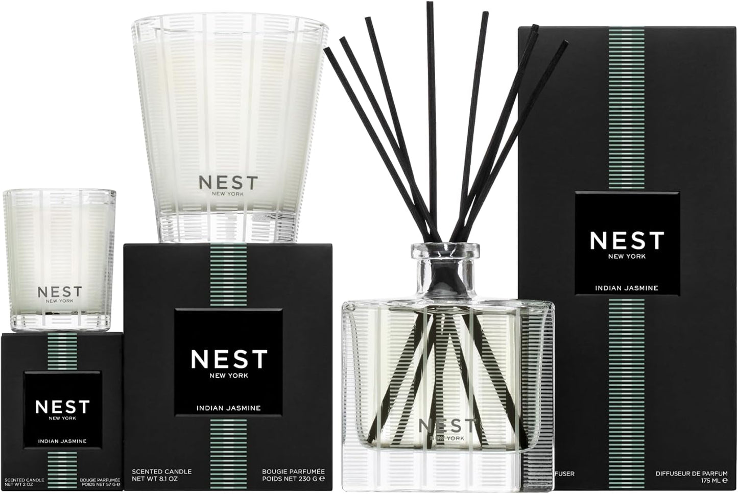 NEST New York Reed Diffuser, Indian Jasmine - 5.9 fl oz - Fragrance for Up to 90 Days - Reusable, Refillable Glass Holder - Includes 8 All-Natural Reed Sticks - Flame Free