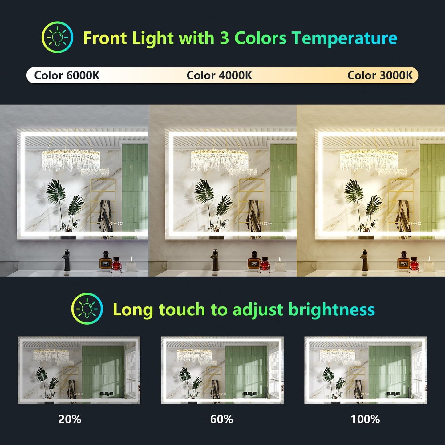 80x40 Inch RGB LED Bathroom Mirror Front Light and RGB Backlit Lighted Vanity Mirror for Bathroom Wall Mounted Dimmable Anti Fog Memory Shatter-Proof IP54 Waterproof Horizontal/Vertical