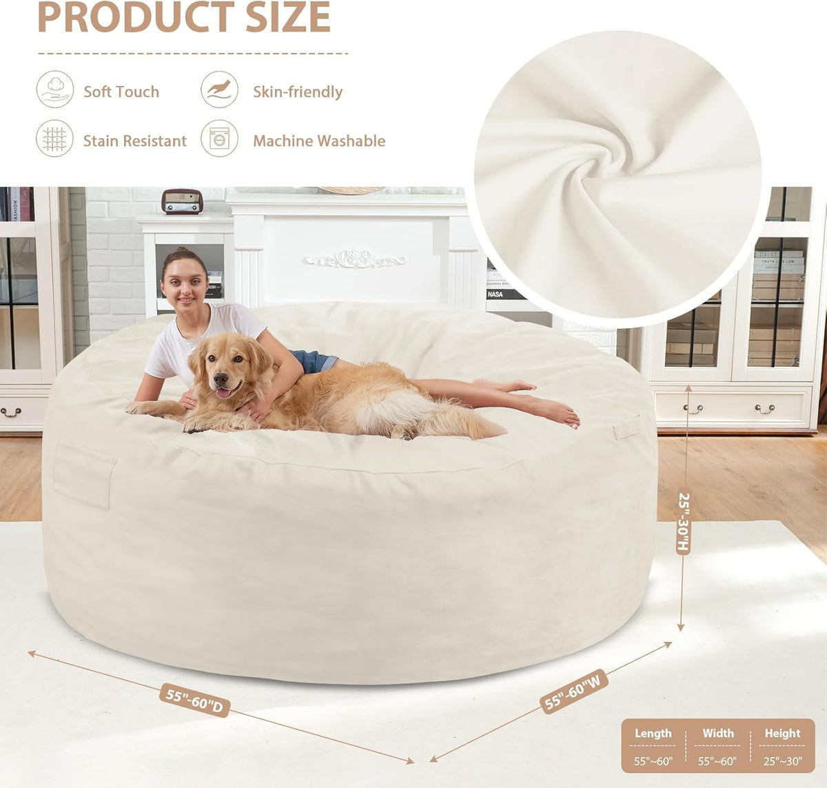 6FT Bean Bag Chair, Large Bean Bag Chairs with Memory Foam Filled, Fluffy Beanbag Sofa with Dutch Velvet Cover, Round BeanBag Chairs for Living Room, Playroom- Beige