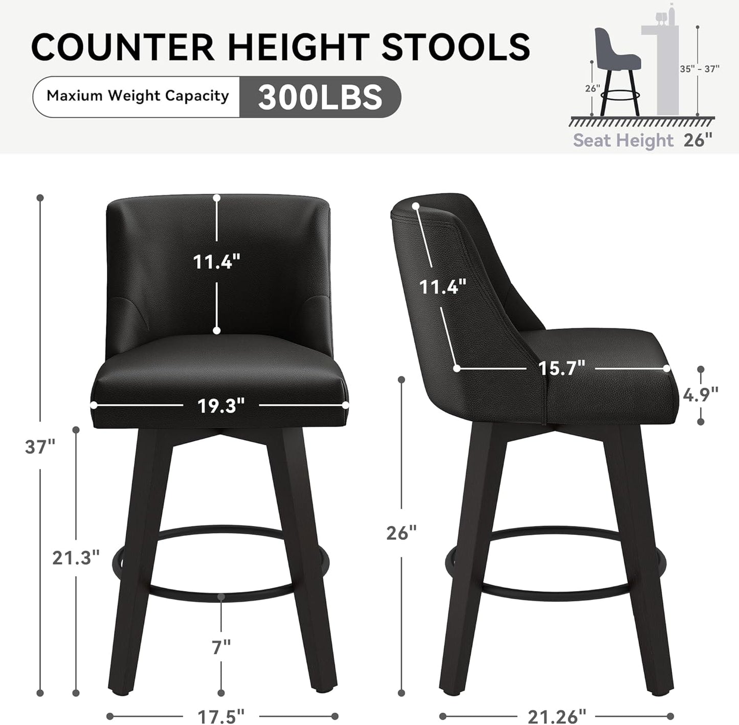 Counter Height Swivel Bar Stools Set of 4, 26 Inch Bar Stools with Footrest, Faux Leather Upholstered Barstools with Back and Solid Wood Legs for Kitchen Island, Dining Room,Pub,Black