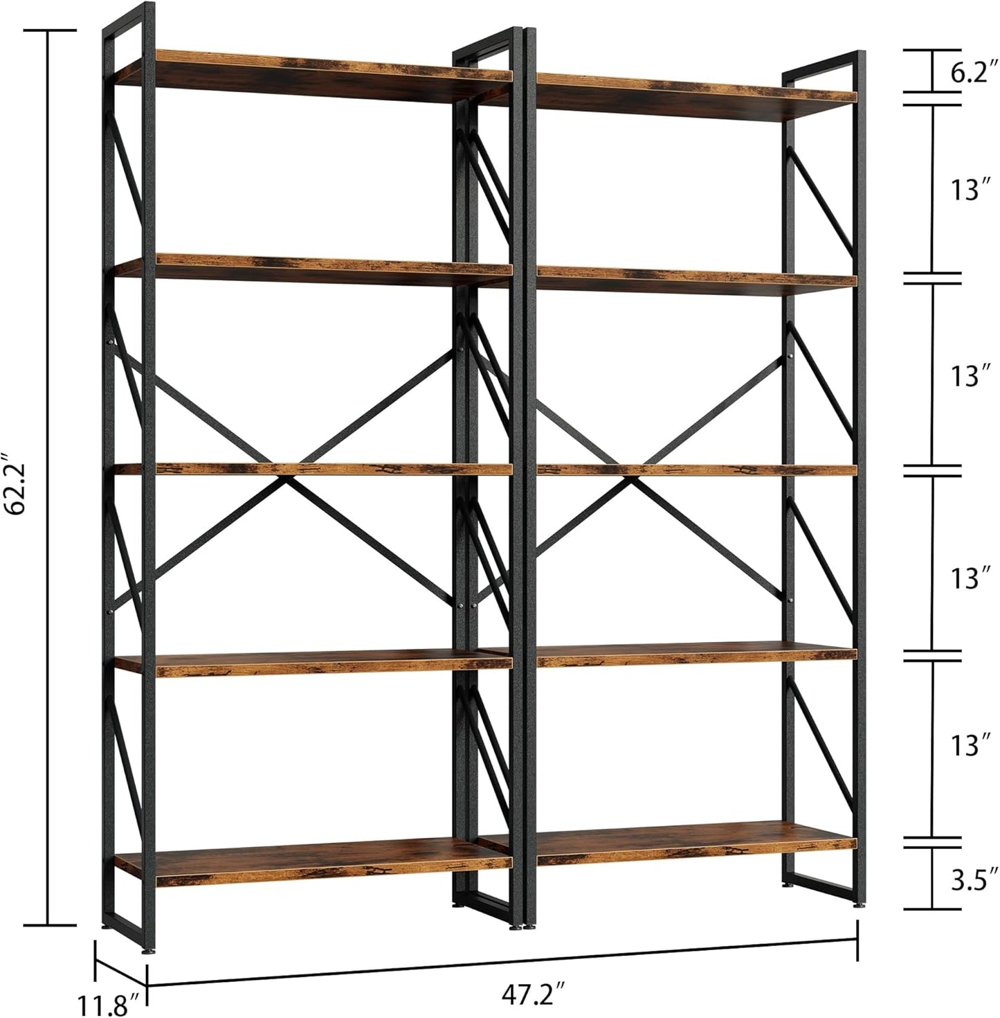 Shintenchi 2 Pieces 5 Tiers Bookshelf, Classically Tall Bookcase Shelf, Industrial Book Rack, Modern Book Holder in Bedroom/Living Room/Home/Office, Storage Rack Shelves for Books/Movies-Rustic Brown