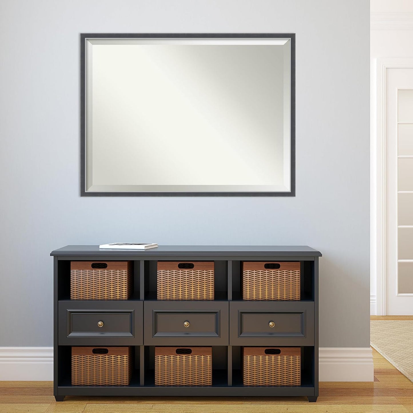 Amanti Art Black Bathroom Mirror for Over Sink, 32x42 Eva Black Silver Thin Rectangle Vanity Mirror, X-Large Modern Frame, Hangs Horizonally and Vertically, Bathroom Wall Decor, Beveled Edge