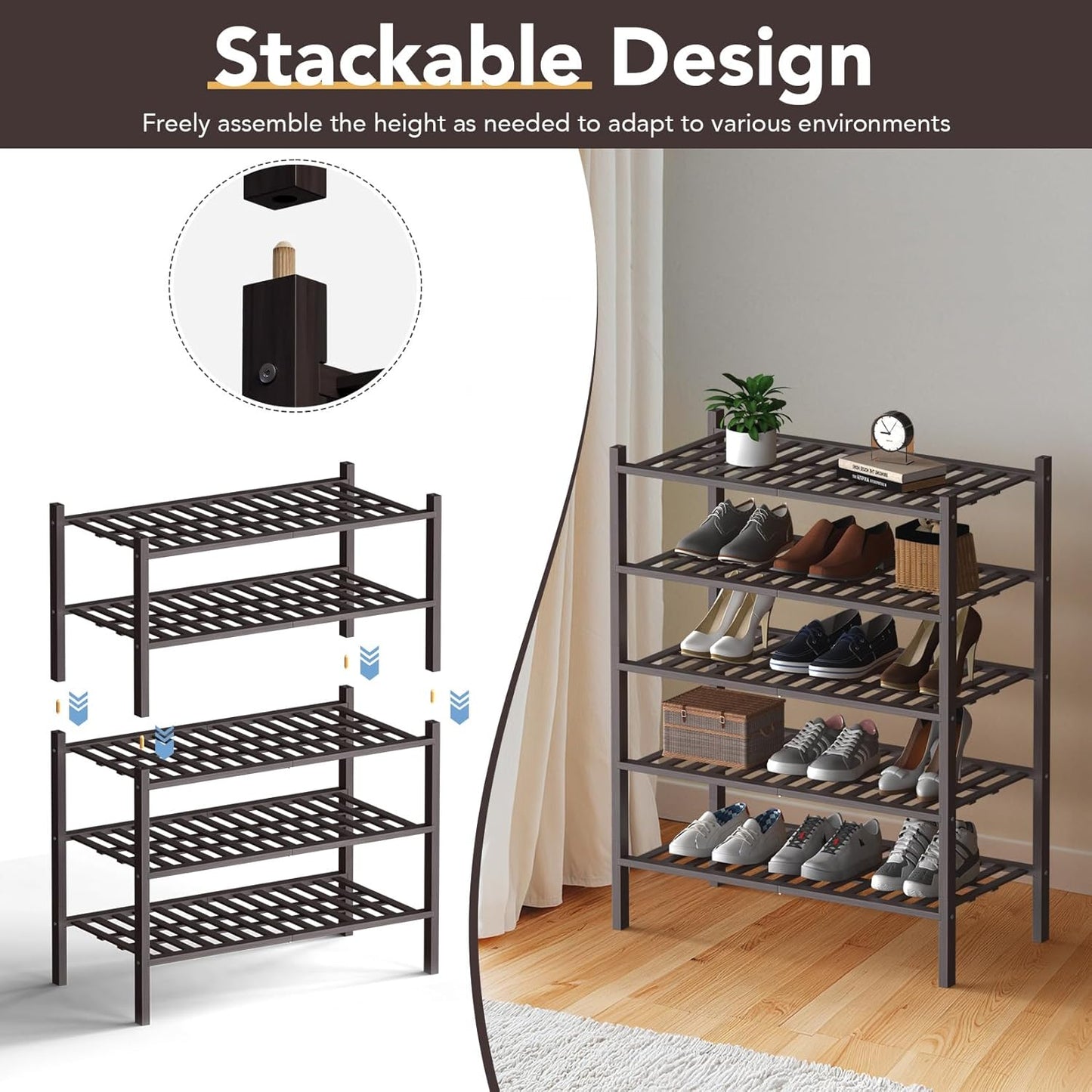Haddockway Large 3 Tier Bamboo Shoe Rack Storage Organizer, Multifunctional Free Standing Stackable Shoe Shelf with Grid Panel for Closet,Hallway,Entryway,Small Space 27"x12"x21"(Brown, 3-Tier(Large))