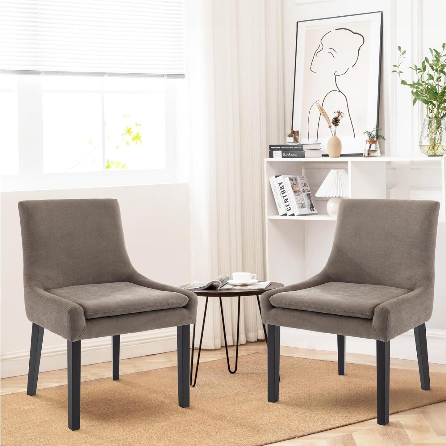 COLAMY Modern Dining Chairs Set of 6, Upholstered Corduroy Accent Side Leisure Chairs with Mid Back and Wood Legs for Living Room/Dining Room-Camel