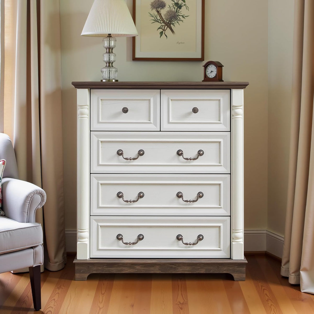 31.5" Farmhouse Sideboard Buffet Cabinet with Storage, Kitchen Buffet Storage Cabinet with 5 Drawers, Modern Wood Accent Sideboard for Living Room, Kitchen, Hallway(Antique White)