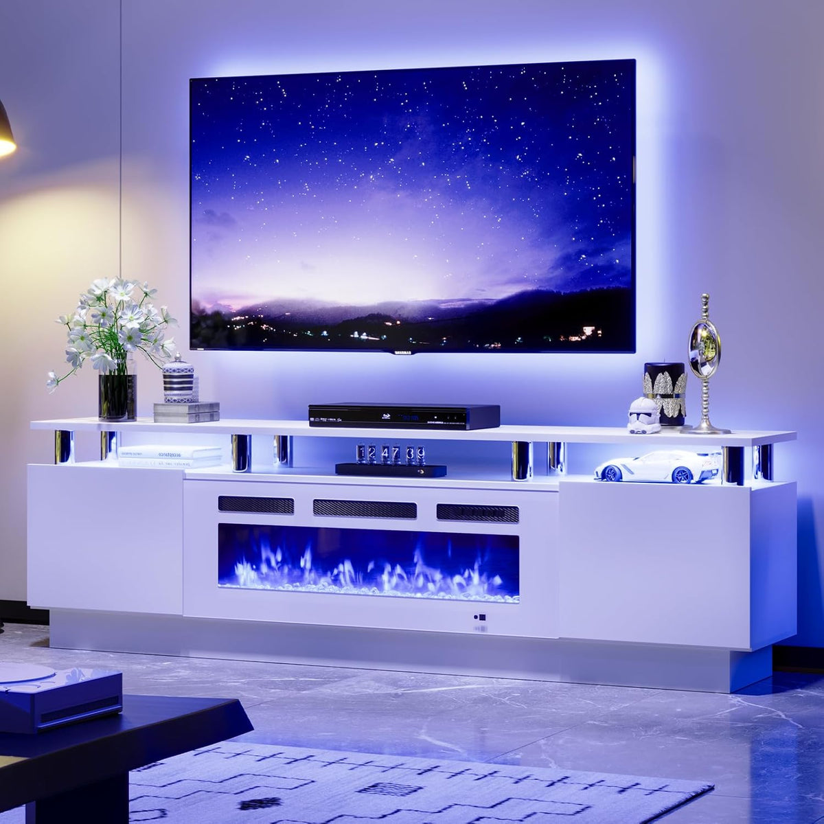 70" TV Stand for Living Room, Entertainment Center & Media Console with Storage, Fits TVs up to 80", Modern TV Cabinet with Shelves, 36" Electric Fireplace (All White)