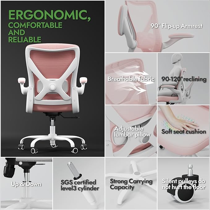 Ergonomic Office Chair: Mesh Desk Chair with Adjustable Lumbar Support 330lbs High Back Computer Gaming Chair - Work Chairs with Flip-Up Arms for Long Hours-Adults Home Office (Pink)