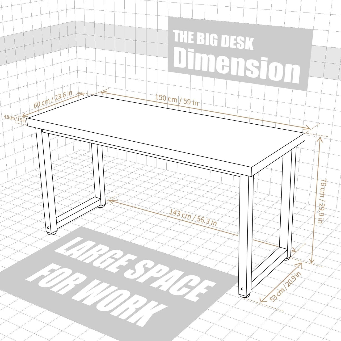 TOPSKY 59" Big Large Computer Office Desk 1.88" Thickness Desktop (Rustic Brown)