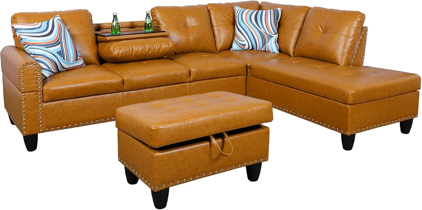 Osparple L Shaped Couch PU Leather Sectional Couch Upholstered 3 Pieces Sofas for Living Room with Chaise, Ottoman with Storage for Office and Small Apartment, Ginger