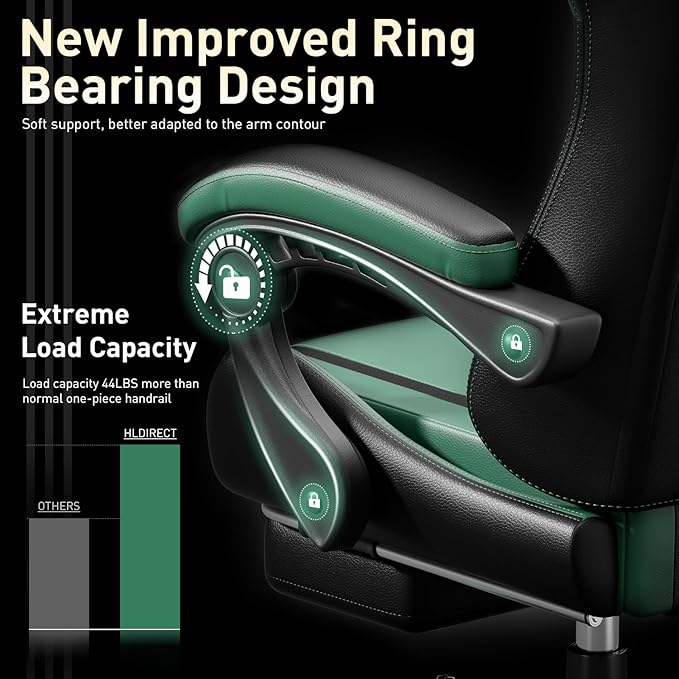 HLDIRECT Gaming Chair, Ergonomic Video Game Seat with 360° Swivel & Lumbar Massage, Computer Chair PU Leather Cushion for Adults Home/Office Use (Black & Green)