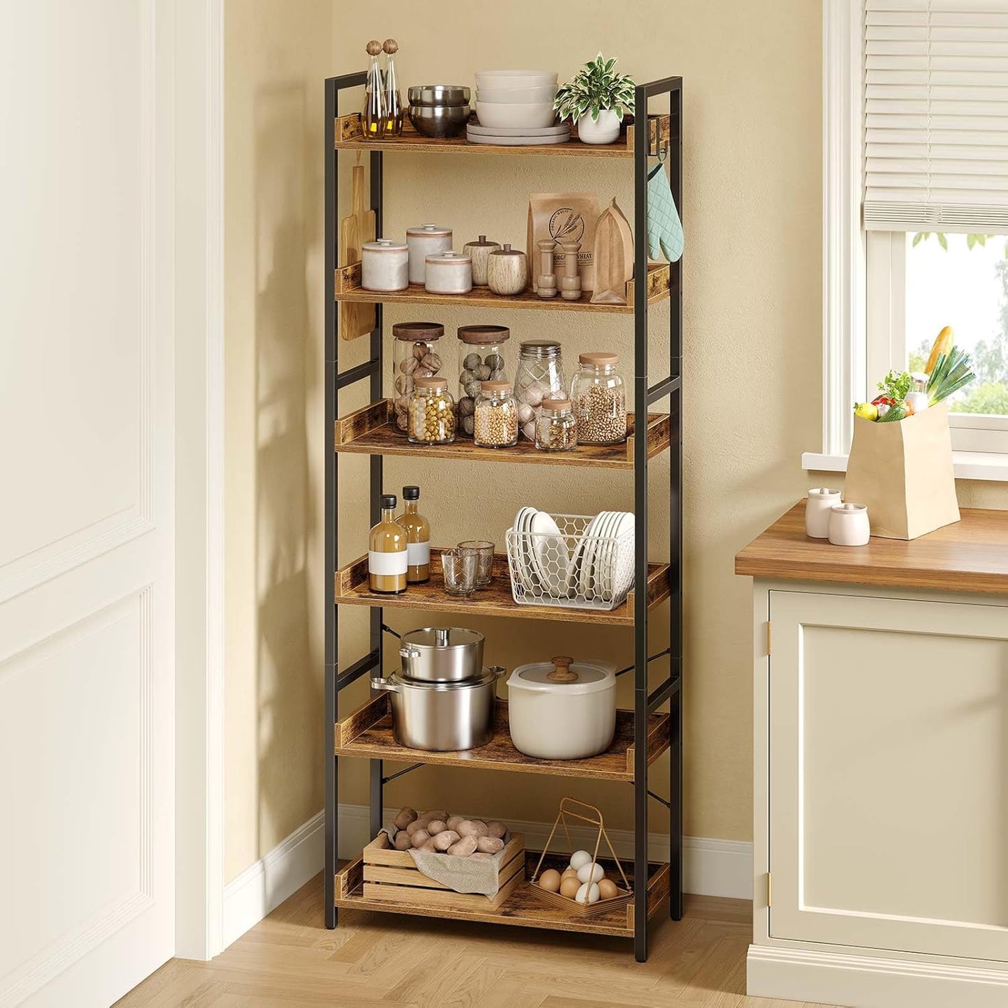Rolanstar Bookshelf 6 Tier with 4 Hooks, Industrial Bookcase, Vintage Storage Rack with Open Shelves, Rustic Standing Bookshelves Metal Frame Display Rack for Living Room, Bedroom, Rustic Brown