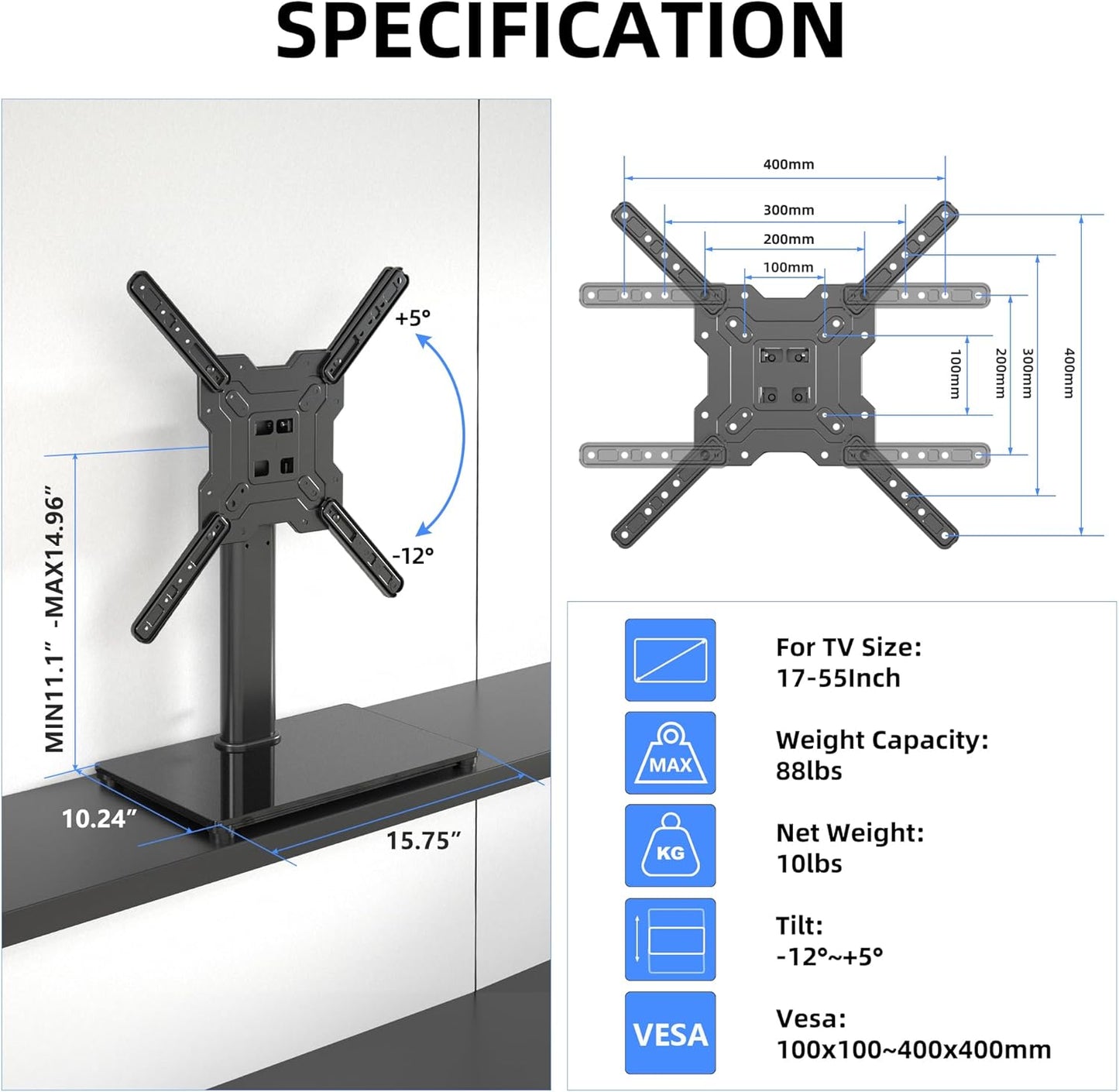 Universal TV Stand Base, Table Top TV Stand for 17-55 Inch LCD/LED TVs, Height Adjustable Monitor Mount Stand with Tempered Glass Base Holds up to 88lbs VESA 400x400mm, TS102