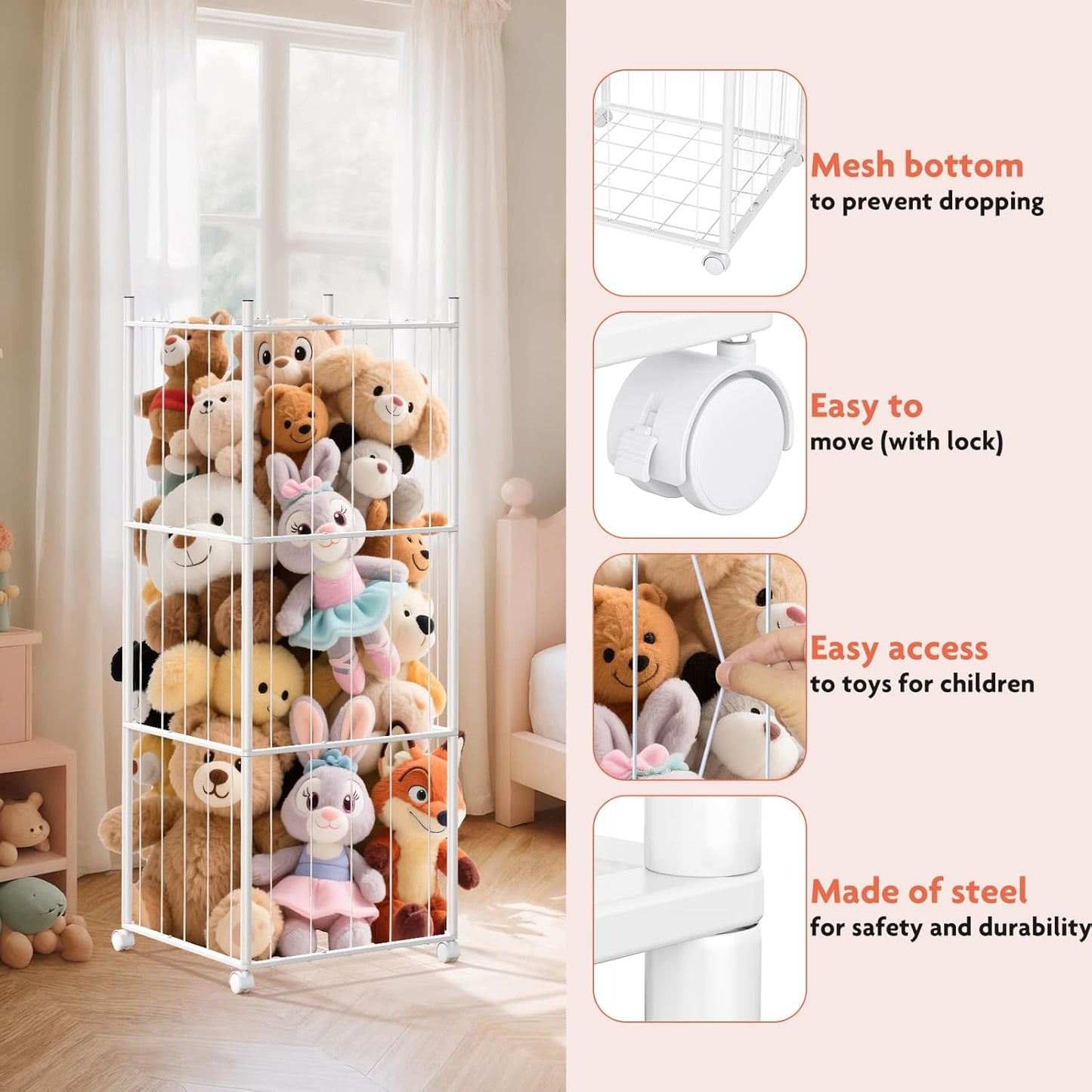 GoKEDA Stuffed Animal Storage,Extra Large Metal Stuffed Animals Storage Tower,Heavy Duty Stuffed Animal Holder with Elastic Plushies Storage Organizer for Nursery,Kids Room,Playroom (White)