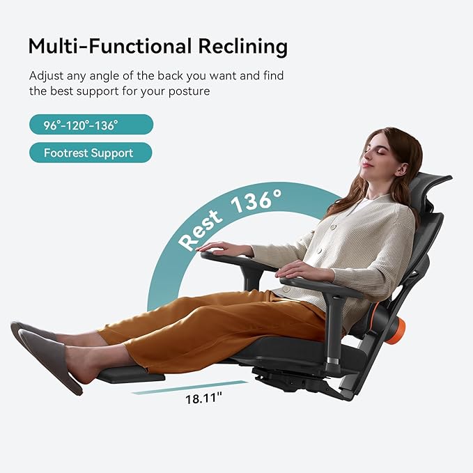 Newtral Ergonomic Office Chair with Fully Adaptive Lumbar Support, 136°Tilt Function, Computer Desk Chair with Soft 4D Armrest, Adjustable Headrest (Supreme Without Laptop Tray, Black)