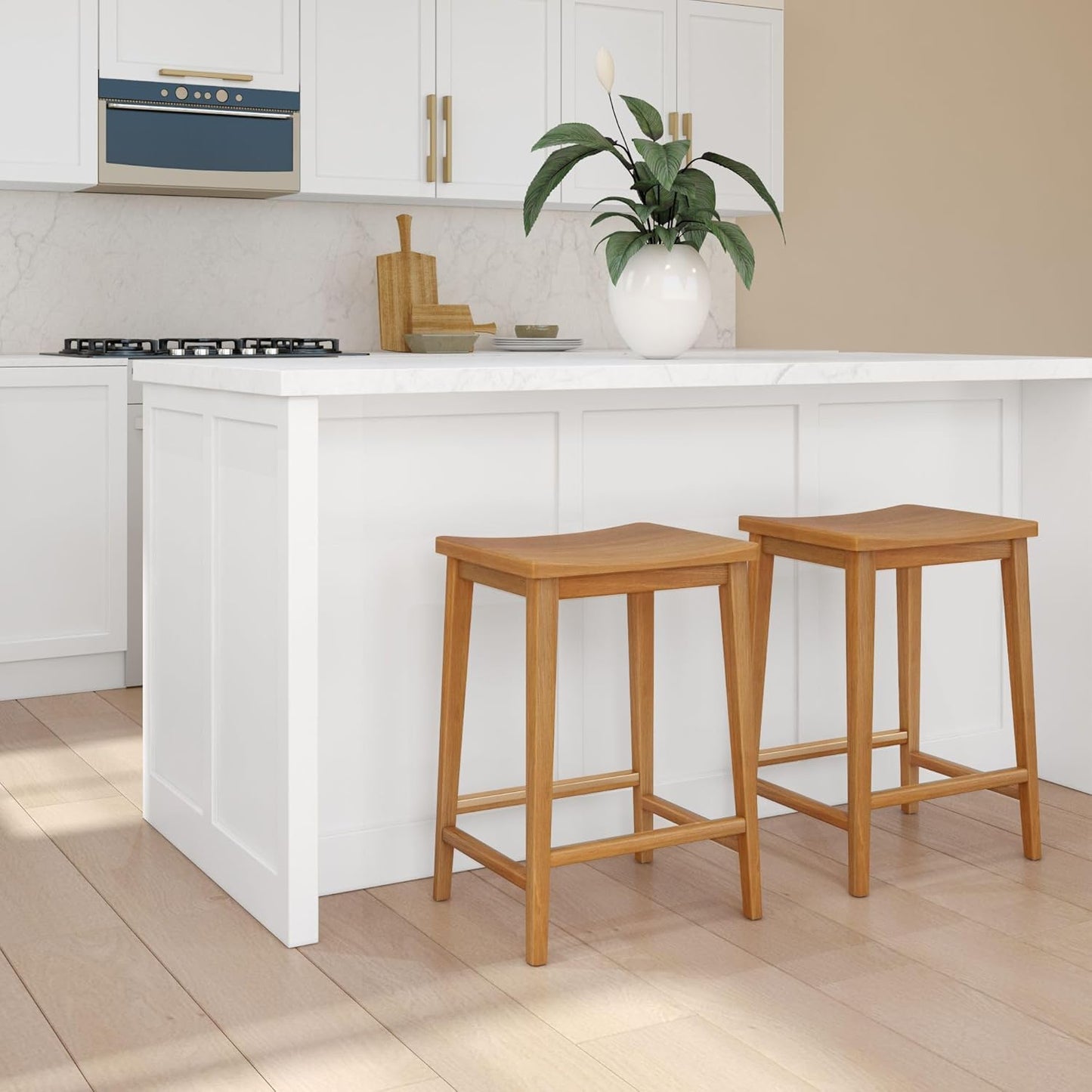 Plank+Beam Smythe Counter Stool, 24", Set of 4, Sturdy Wood Modern Kitchen Counter Height Stool, Saddle Seat Backless Counter Chair, Metal Footrest, Pecan