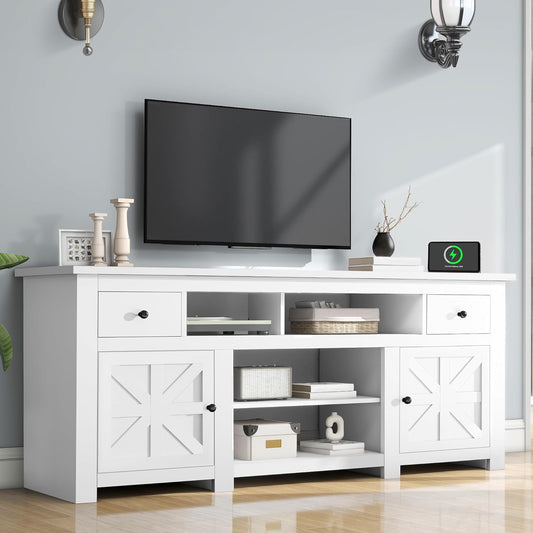 DWVO Farmhouse TV Stand for 75/80 Inches TVs, Entertainment Centers Furniture 30" Tall, TV Consoles with Storage Drawers & Power Outlet, Rustic TV Stands for Living Room, White
