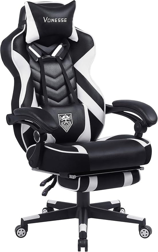 Vonesse Gaming Chair, Big and Tall Gaming Chair with Footrest and Massage, Gaming Chairs for Adults with Lumbar Support, Ergonomic High Back Computer Chair with Pocket Spring Cushion (White/Black)