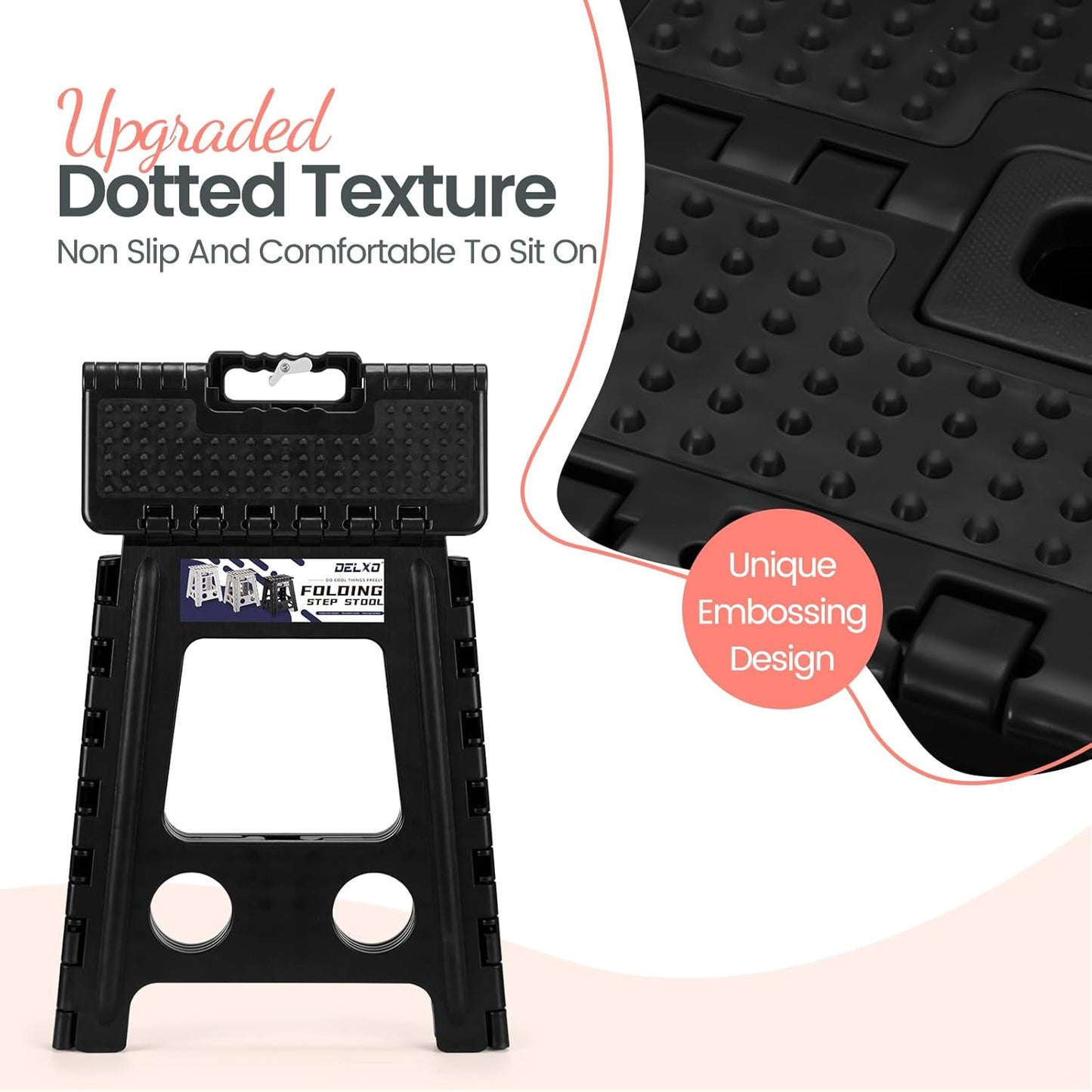 Delxo Folding Step Stool 16 Inch,Non-Slip Foldable Stools for Adults Up to 300 LBS,Kitchen Collapsible Fold Up Stepping Stool with Dotted 1 Pack,Black