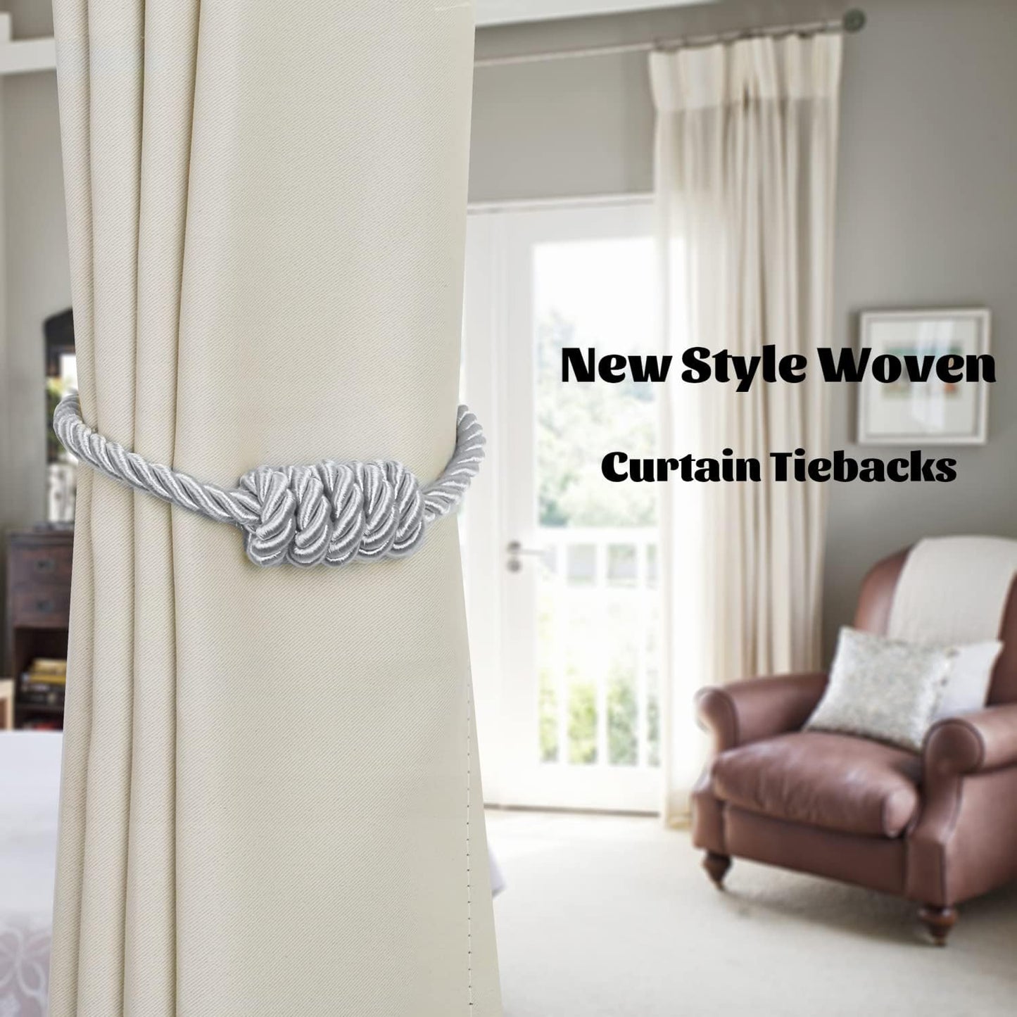 BEL AVENIR Magnetic Curtain Tiebacks, Decorative Drapery Holdbacks Modern Woven Tie-Backs with Exquisite Knot (Sliver, 2 Pack)