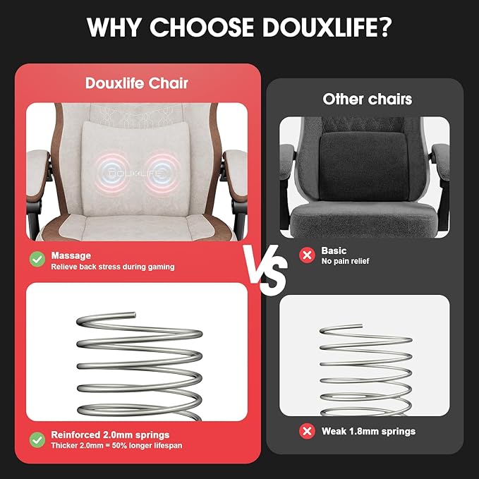 Gaming Chair, Fabric Computer Office Chair with Massage, Ergonomic Chair with Footrest Lumbar Support, Pocket Spring Widened Cushion Metal Legs 350LBS Beige